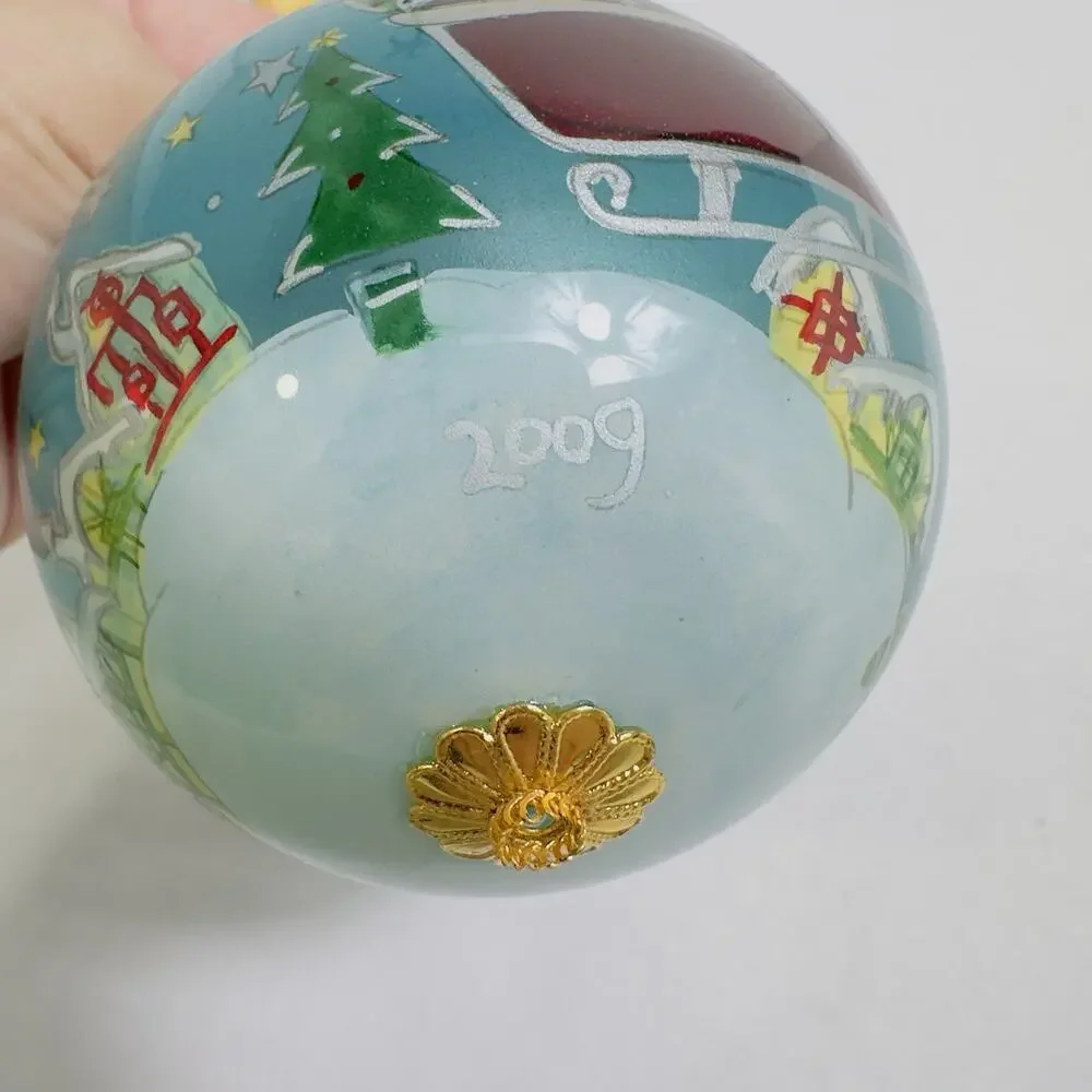 Pier 1 Li Bien 2009 Glass Ornament Santa Sleigh Reindeer Ho Ho Ho Inside Painted